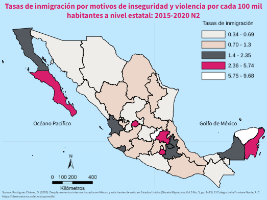 Tasas de inmigración por motivos de inseguridad y violencia por cada 100 mil habitantes a nivel estatal 2015-2020 N2